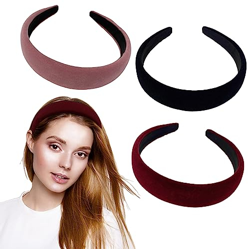 3 Stück Breites Samt Stirnband, Breit Samt Haarreifen, Band Haarreif, Harte Stirnbänder, Rutschfest Harte Stirnbänder, Breites Samt Haarschmuck, Harte Kopfband, Harte Haarreif, für Frauen und Mädchen