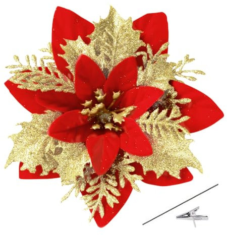 Bafenli 15 Stücke 14CM Weihnachten Künstliche Blumen Poinsettia Glitzer Weihnachtsblumen mit Clips Stämme Weihnachtsbaum Ornamente für DIY Kränze Girlande Haus Party Dekoration - Rot Golden