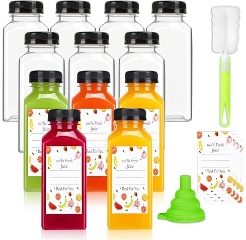 Plastic Juice Bottles with Caps 12Pcs -12oz Reusable Juice Containers with Tamper Proof Lids Black - Clear Bottles for Juicing Milk Smoothie Drinking and Other Beverages