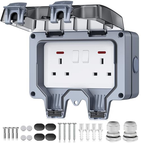 EYPINS Outdoor Waterproof Plug Socket 2-Gang IP66 Rated - 13 Amp Storm Switch, Latching RCD, Wall Electrical Outlet for Outdoor & Indoor Use