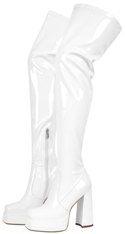 blingqueen Overknee Stiefel Damen Plateau Blockabsatz Stretch Boots Lack Weiß 43 EU