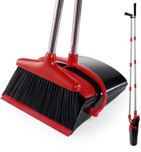 Broom and Dustpan Set Lightweight Upright Lobby Broom and Dust Pan Combo with Long Handle Outdoor Indoor for Home Kitchen Room Office (Red and Black)