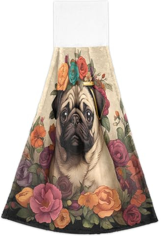 RPLIFE Mops Welpe mit Blumen um den Hals Handtücher mit Aufhängeschlaufen, weiche hängende Handtücher, saugfähige Hängetücher, Hängetuch