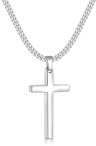 Zinvefa Kreuz Kette Herren Edelstahl Anhänger Kreuz Halskette Silber,45 * 25mm mit 51cm Kette Länge