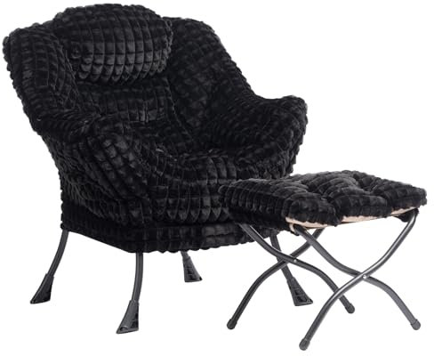 HollyHOME Sessel mit Hocker Ohrensessel mit Hocker Sessel Wohnzimmer Relaxsessel Schlafzimmer Lesesessel Lounge Sessels Armlehnensessel, Plüsch Schwarz