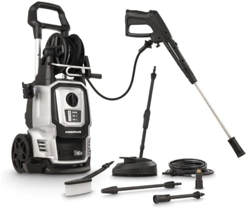 Powerplus Elektrischer Hochdruckreiniger POWXG90426-2500 Watt Terrassenreiniger, Start/Stopp-Funktion, Max. 195 Bar Druck und 50°C Temperatur, 8 m Schlauch und Zubehör inbegriffen