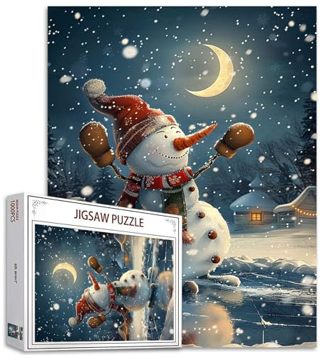 Tucocoo Schneemann Eislauf Puzzle für Erwachsene 1000 Teile Weihnachten Schnee Mond Nacht Kunst Puzzle Bunte DIY Handwerk Puzzles für Heimdekoration Geschenke, Familienpuzzle Perfekt für Spielabende