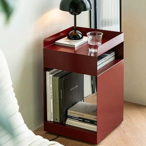 GSKDBCC Moderner Nachttisch fürs Schlafzimmer, Kleiner Beistelltisch mit 3 Ablagen und Rollen, Metall-Beistelltisch für Wohnzimmer, Schlafzimmer, kleine Räume, Rot Chaser of Light