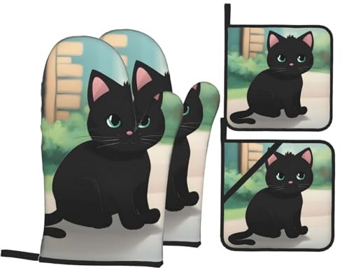 Chrycm black cute cat oven gloves and pot holder sets, kitchen oven gloves microwave, BBQ heat resistance