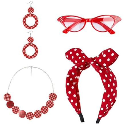 ASFWAGQ 4TLG Rockabilly Accessoires Damen 50er Jahre Kostüm Kleid Zubehör 60er Jahre Polka Dots Ohrringe Stirnband Brille Halskette 60er Jahre Kleidung für Motoparty Retro Teily Party Karneval Party