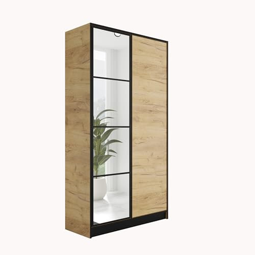 KIER FURNITURE Kleiderschrank mit Spiegel - Schrank Schlafzimmer - Garderobenschrank Flur Diele - Ausziehbare Kleiderstange - Eden v1 - BxHxT 104,8x205x39cm - 2 Türen - Craft Eiche