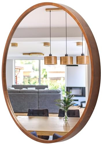 STOLARNIA PIKA Runder Bad Spiegel - Wandspiegel mit Holzrahmen (∅70 cm) - Spiegel Rund Holz Nussbaum - für Badezimmer, Flur, Wohnzimmer, Schlafzimmer - Stilvoller Badspiegel LEJA