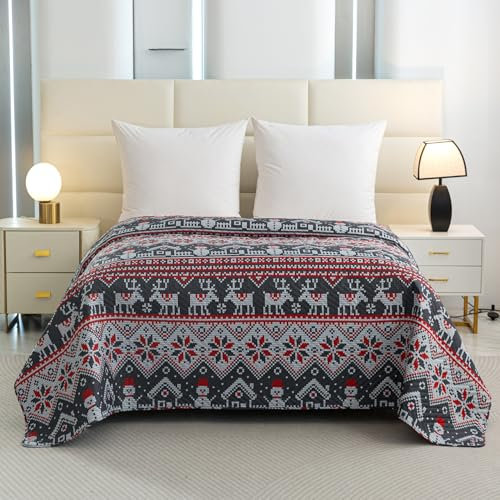 FEBE Tagesdecke Weihnachts Motiv Bettüberwurf 220x200 cm Überwurfdecke Sofadecke Sofaüberwurf Flauschig Mikrofaser Zimmer Deko