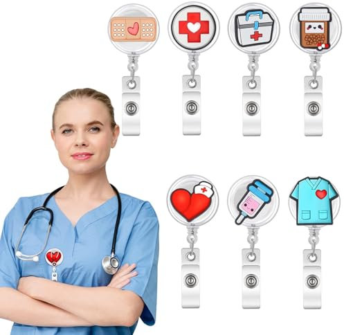 Lot de 8 porte-badges pour infirmière, rétractables, porte-badges avec clip, motif créatif, accessoires d'infirmière, cordon extensible pour médecins, cadeaux volontaires