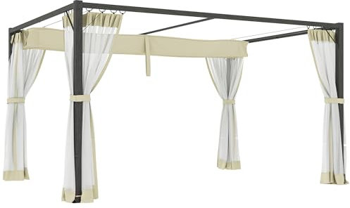 Outsunny 3 x 4 m Pergola with Retractable Roof Canopy and Netting Sidewalls, Aluminium Frame Garden Gazebo Outdoor Sun Shade Shelter for Grill, Patio, Deck, Khaki
