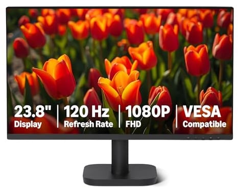 Amazon Basics Monitor per Computer da 23,8 Pollici 120 Hz, FHD 1080 P, HDMI, DP, VGA, Compatibile VESA, per Ufficio, Casa, Nero