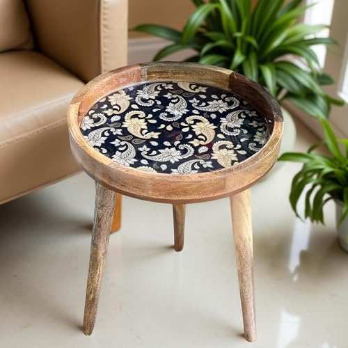 Handmade Marrakesh Side Table – 13 Round Wooden Top, 22 Detachable Mango Wood Legs, Boho Accent Table for Living Room, Bedroom, Small Spaces, End Table, Coffee Table, Nightstand (French Paisley)