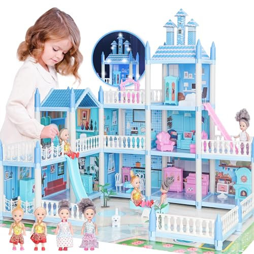 Maison de Poupée 3 Étages pour Enfants 3-8 Ans - avec 4 Poupées, Meubles, Accessoires et Lumière LED | Jouet de Rêve pour Filles et Garçons