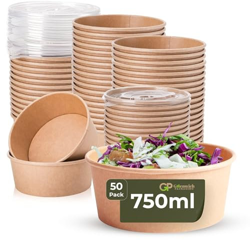 Greenwich Packaging Takeaway Salad Bowls with lids (50pcs 750ml) | Disposable Bowls for Hot & Cold Food | 15cm Diameter | Leakproof, BPA-Free Eco Food Containers