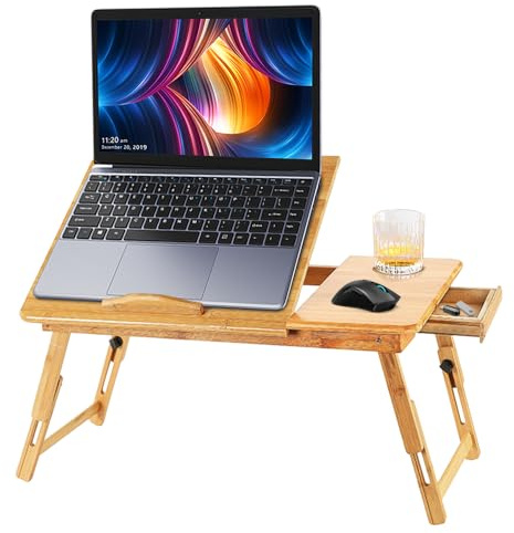 Table de lit Pliable et réglable, Plateau pour Ordinateur Portable avec Plateau inclinable, tiroir, Bureau de lit en Bambou,Support d'Ordinateur (66 * 35 * 30cm-1)