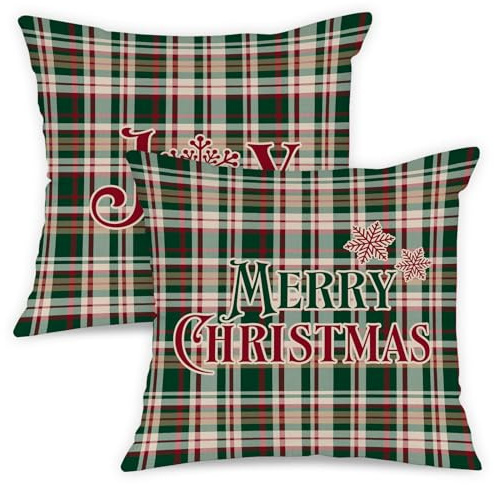 Lanpn Weihnachten Kissenbezug 2 stück, Kariert Weihnachtskissenbezug 40x40 cm Plüsch Weihnachts Kissenbezüge Dekokissen Kissenbezüge für Bauernhaus Winter Zimmer Garten Terrasse Weihnachtsdeko (Grün)