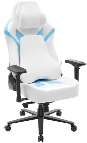 Wyrdforging Silla Gaming ergonómica, Silla Escritorio Gaming Carga 200kg | Sillon Gamer con Reposacabezas, Cojín Lumbar, Reposabrazos 4D, Mecanismo basculante, Base Reforzada，PU Blanco y Ante Azul