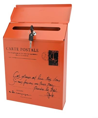 ZMdooreasy Vintage Briefkasten zur Wandmontage, mit Schloss und Schlüsseln, rustikaler Briefkasten aus Eisen für Zuhause, Garten, Outdoor, wasserdichte Postaufbewahrung, 30 x 22 x 7 cm (orange)