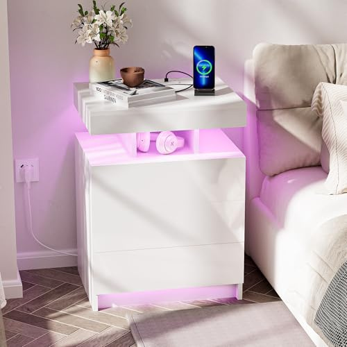 Ztexkee Hochglanz Nachttisch mit Steckdose und LED Lichtleiste Nachtschrank Beistelltisch Groß Nachttisch mit 3 Schubladen für Schlafzimmer, Wohnzimmer Weiß
