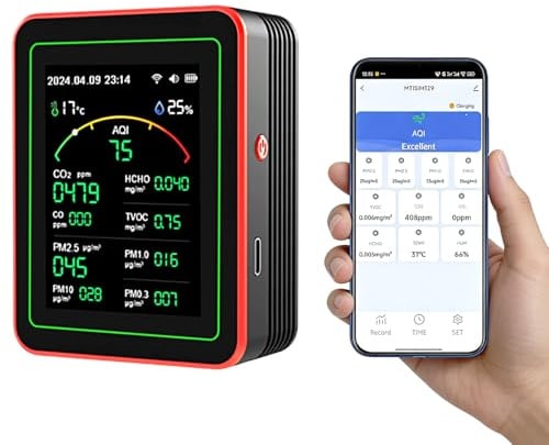 Kocusu Monitor de calidad del aire interior, 15 en 1, WiFi inteligente, monitor de calidad del aire con control de aplicación, detecta PM2.5, PM10, PM0.3, PM1.0, CO2, CO, TVOC, HCHO, temperatura