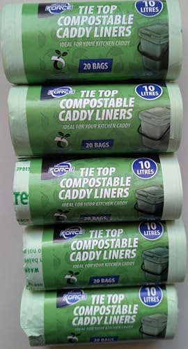 Power Force Tie Top Compostable Caddy Liners 10L – 5 Rolls (100 Bags Total) | Home Compostable | Food Waste Bin Bags | Strong & Leak-Resistant | 10 Litre Kitchen Caddy Bags