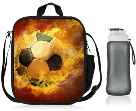 PLNVNVP Lonchera de Fútbol,Lonchera con Estampado de Fútbol,Bolsa de Almuerzo para Niños,para Oficina, Escuela, Picnic, Viajes al Aire Libre,Botella de Agua de 600 ml