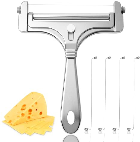 Stainless Steel Wire Cheese Slicer with 4 Extra Wires Adjustable Thickness, Handheld Cheese Cutter Butter Block Cutter for Cheddar, Gruyere, Raclette, Mozzarella Kitchen Slicing Tools