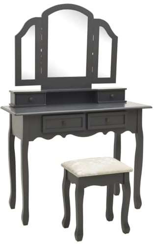 Hoopleep Schminktisch-Set mit Hocker, Grau 100x40x146 cm, Paulownia-Holz, 3-Fach Spiegel, 4 Schubladen, für Schlafzimmer und Jugendzimmer