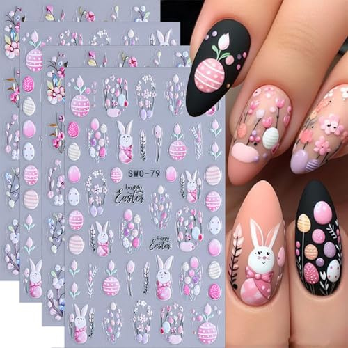 Muorruo 4 Pieces Easter Nail Stickers 5D Spring Nail Decals Flower Nail Art Stickers Self-Adhesive Embossed Egg Flower Bunny Design Slider Manicure Accessories Acrylic Nail Art Supplies