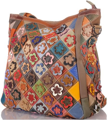 KMISSO Große Damen Leder Patchwork Tasche 2-in-1 – Schultertasche & Henkeltasche mit Blumen Applikationen, Shopper aus Echtleder, ca. 34 × 39 × 15 cm