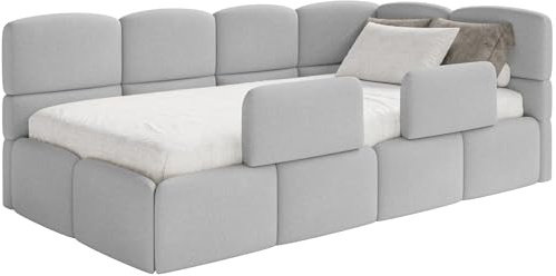 Selsey Jugendbett 120x200cm Hellgrau Chenille Stoff mit Matratze und Lattenrost, Polsterbett mit Stauraum und Bettkasten, Kinderbett mit 2 Schutzbarrieren, Jugendbett rechtsseitig