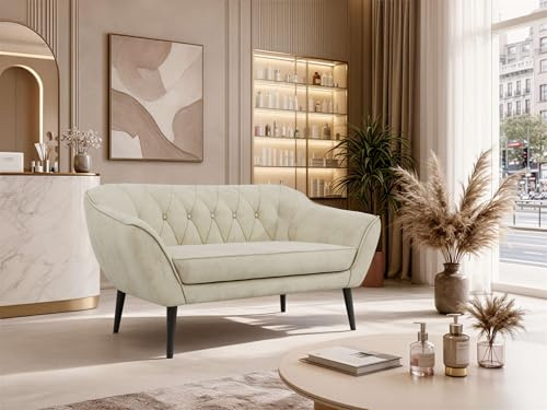 MKS MEBLE Sofa PIRS 2-Sitzer - Skandinavisches Design Couch, Gesteppte Polsterung, Wellenfederung, bequemes Polstersofa für Wohnzimmer - Schwarze Beine, Beige Velvet