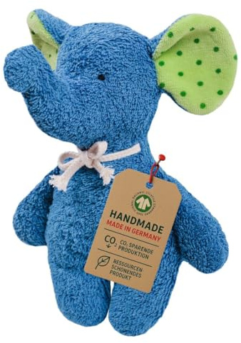 Efie Rassel Elefant blau – Bio-Babyspielzeug aus Baumwolle, GOTS zertifiziert, nachhaltiges Spieltier für Babys, 100 % Made in Germany