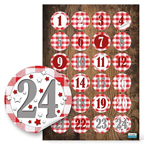 Klebezahlen Adventskalender, 24 Stück: Zahlen 1 bis 24, Zahlensticker zum Aufkleben, Aufkleber Weihnachten, Zahlenaufkleber Kalender, Adventskalenderzahlen zum Basteln, Etiketten Ziffern Rund, Ø 4 cm