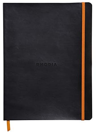 RHODIA 117502C - Black Flexible Notebook - 19x25 cm - Lined - 160 pages - Clairefontaine Ivory Paper 90 g/m - Bookmark, Elastic Closure - Faux Leather Cover - Rhodiarama Collection