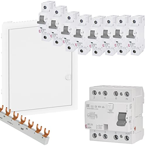 WITTKOWARE Hohlwand Elektro-Verteilungsset, Kleinverteiler 1-reihig, FI-Schalter 40/0,03A, 8X Sicherungsautomaten B 16A, Phasenschiene