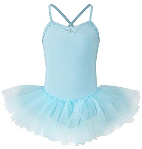 tanzmuster Ballettkleid Mädchen Tutu - Kim - weicher Baumwollstoff - Glitzersteine - Ballett Trikot mit Tüllrock für Kinder - hellblau, 128/134