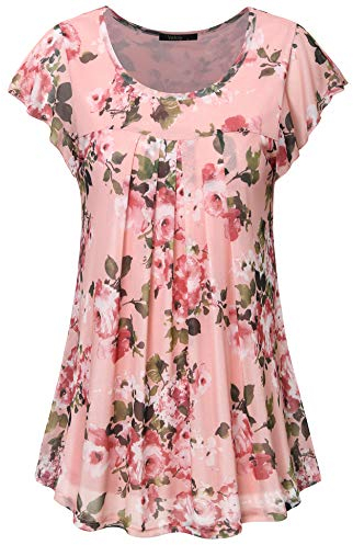 Vafoly Damen Tunika Shirts, Damen Freizeit Sommer Bluse Kurzarm O Neck Geschwungener Saum Blumen Oberteile Shirt mit Falten Pink XXL
