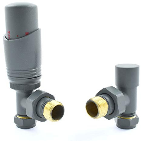 Hot Flow Grey Cascade Angled Modern TRV Thermostatic Radiator Valve (Pair) Includes Angled TRV Body & One Lock Shield for Quick & Easy Temperature Control. Perfect for Energy Saving.