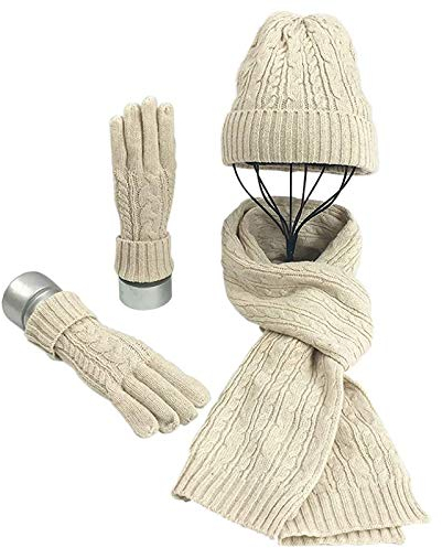 MHGLOVES Winterset 3-Teilig Aus Strickschal, Strickmütze Und Handschuhen, Schal, Winter-Schal, Damen Schal Mit Passender Mütze, Bommelmütze, 3-In-1 Winter-Set,Beige