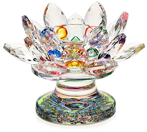 BSTKEY 4.5 Bunter Kristall Lotus Flower Teelicht Kerzenhalter - Regenbogen Farbe Glas Kerzenhalter Kerzenhalter