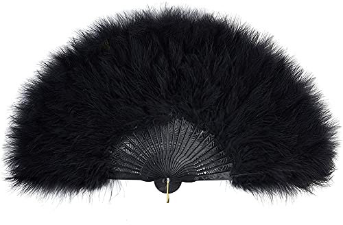 Leemiman 1920s Marabou Feather Fan - Flapper Folding Hand Fan for Wedding Party Dance (Black)