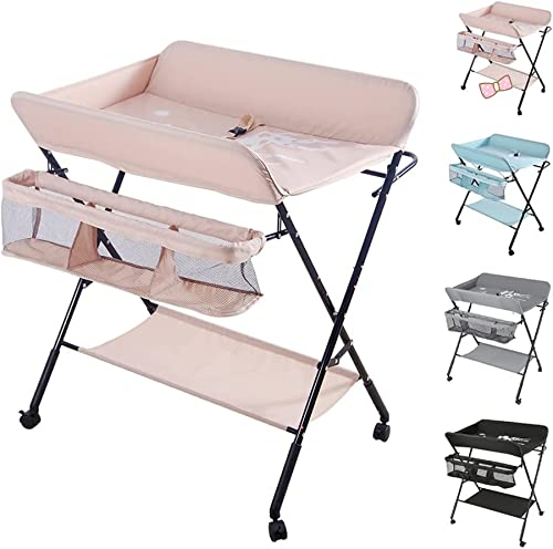 Cambiador y bañera 2 en 1 para bebé, de 0 a 12 meses (hasta 25 kg), cambiador plegable y portátil, con 4 ruedas, 80 x 66 x 98 cm (rosa)