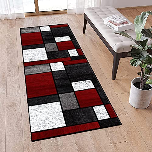 QQrunner Teppich läufer Flur Rot und Grau rutschfest 100x200cm Küchenteppich Patchwork Waschbar Meterware Schlafzimmer Korridor Teppich Lang, 60/70/ 80/90/ 100/ 120cm Breit