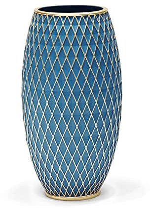 Suanti Jarrón decorativo hecho a mano con patrón de diamante azul marino y dorado, soporte para flores, ramas para sala de estar, dormitorio, cocina, oficina, jardín, decoración de suelo, centro de